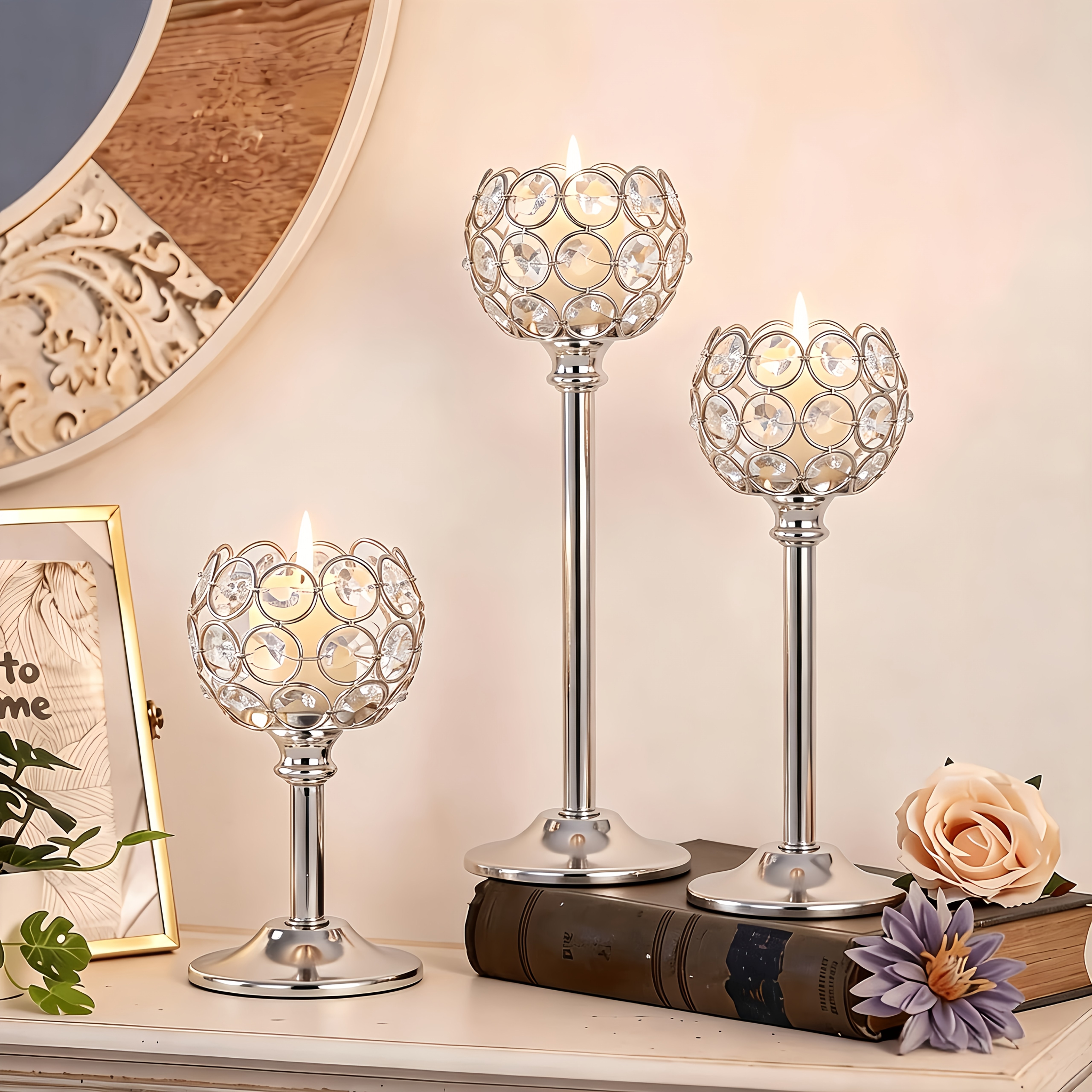 TEMU 3pcs Crystal Candlestick Set, Windproof Candle Holders, Christmas Halloween Dinner Photography Props, Wedding Anniversary Decor, Decoration,