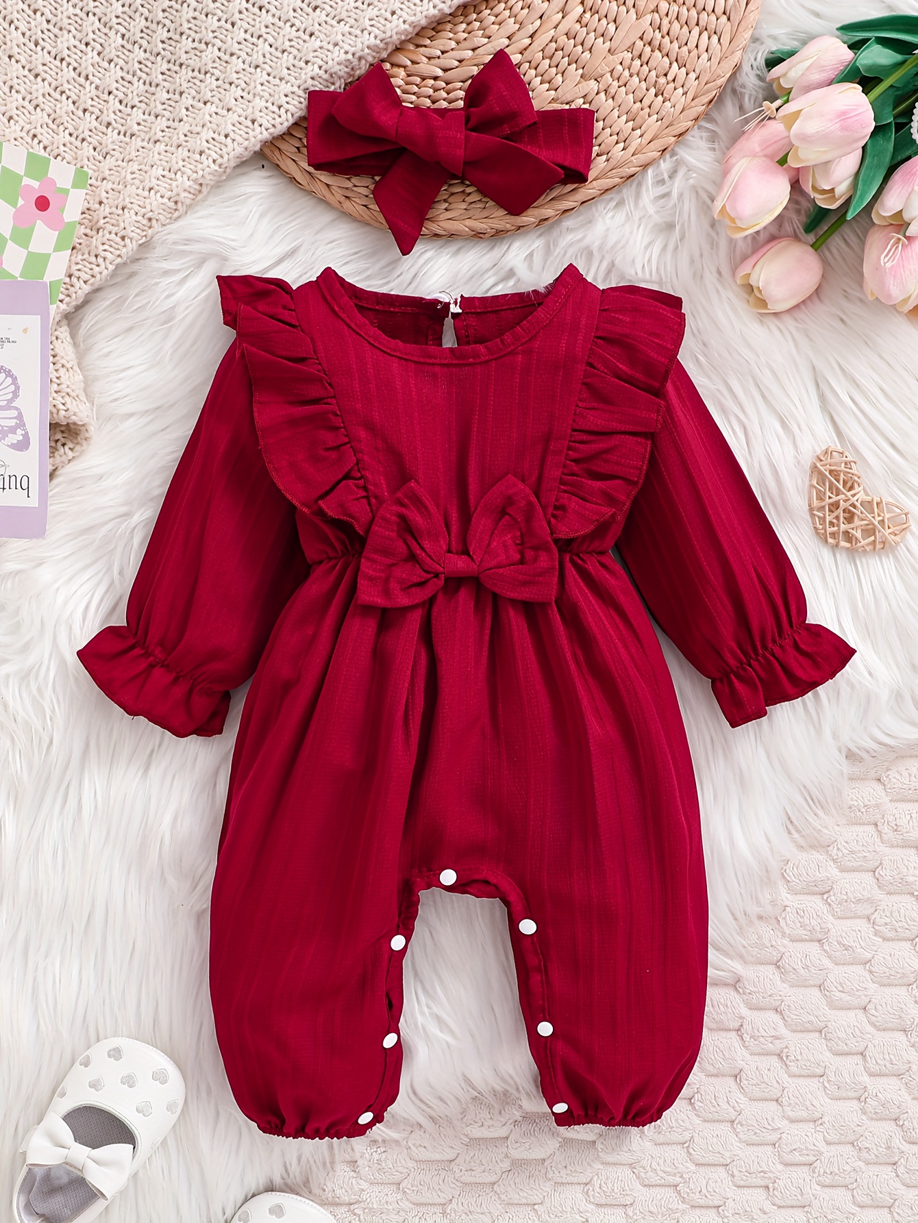 item picture girls long sleeve   sleeve bow detail textured fabric romper soft solid color   jumpsuit with headscarf easy diaper change snap closure casual outfit for newborns infants   clothes infant clothing comfortable babywear   breathable material durable infant wear infant jumpsuit newborn clothing   outdoor