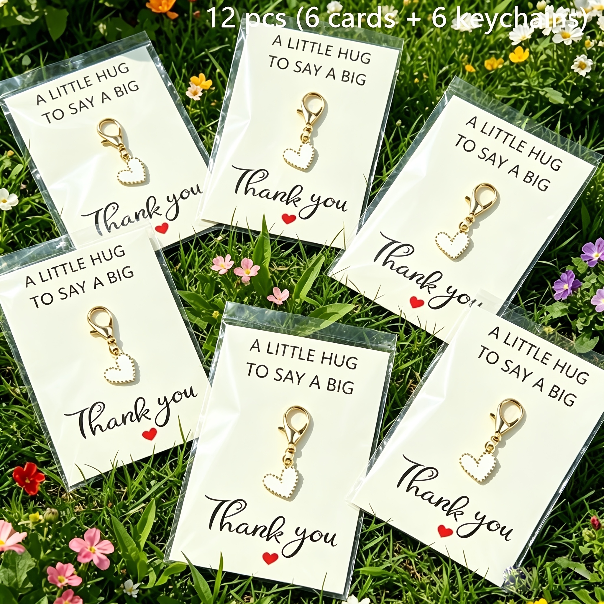 TEMU Cadeau pour elle/lui 12pcs (6 cartes + 6 porte-clés) Porte-clés cœur doré pour femmes - Pendentif cœur avec lettre de remerciement - Fermoir ,