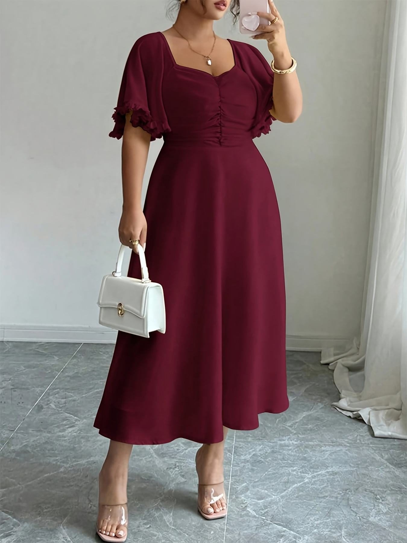 designer dresses for older ladies 06/29/2022 Guest dresses Scrunched Waist Chiffon Dress Size:3XL (34-35 sleeve length)
