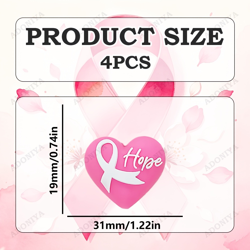 TEMU 4pcs Breast Cancer Prevention October Theme Silicone Bead Set, Heart-shaped Silicone Beads, Suitable For Jewelry Additions, Earring, Necklace,