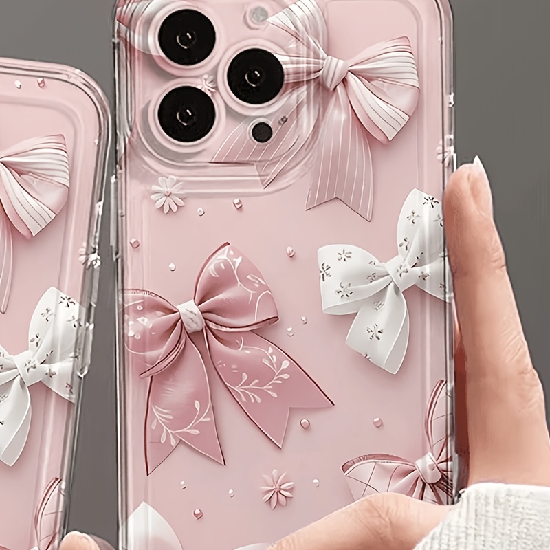 TEMU Coque de téléphone : 1 coque à motif de nœud rose et blanc, effet 2D, transparente avec découpes précises, coque souple intégrale -chute pour