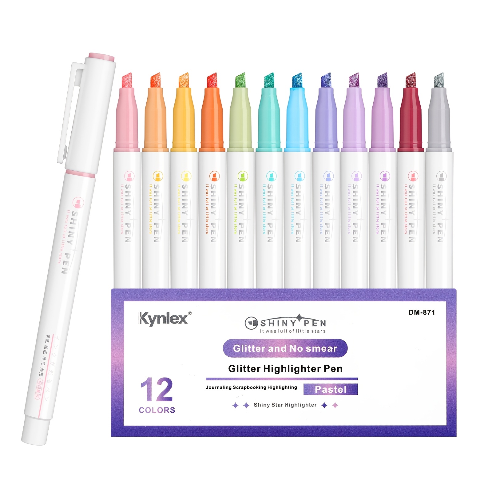 TEMU 12 Colors Pastel Glitter Highlighters Set, Chisel Tip 1-5mm, Smooth Pearlescent Markers With Portable Clip, For Journal, Notes, Card Making,