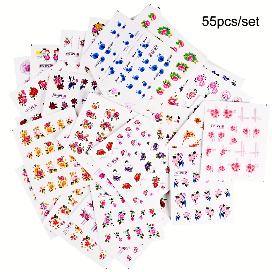 55pcs Glitter Flowers Nail Slider Stickers Set, Lace Flower Leaf Blooming Spring Floral Water Transfer Nail Art Decals Design Summer Nail Art Decorations Manicure