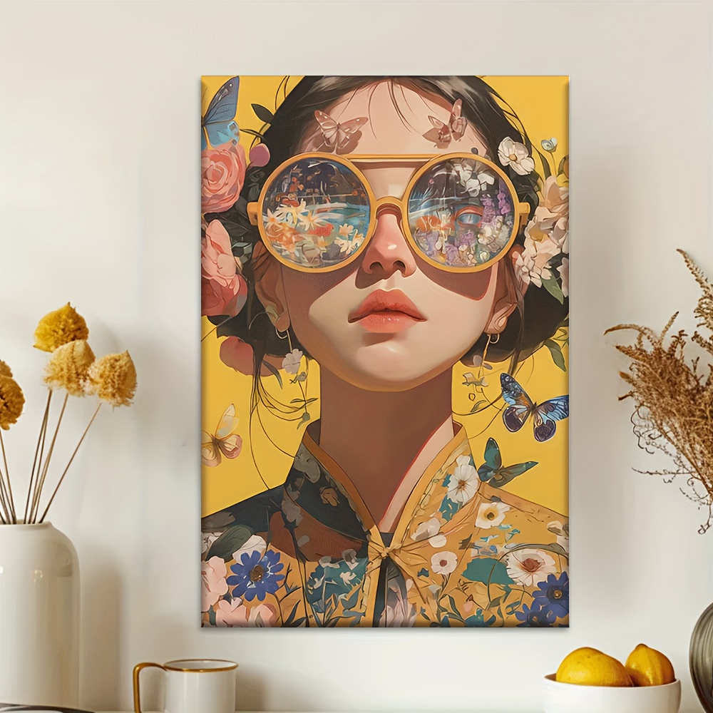 TEMU 1pc Peinture sur Toile Non Encadrée - Femme Portant des Lunettes de Mode , Affiche d'Art Vibrant pour Salon, Bureau, Café, Bar - Cadeau Idéal