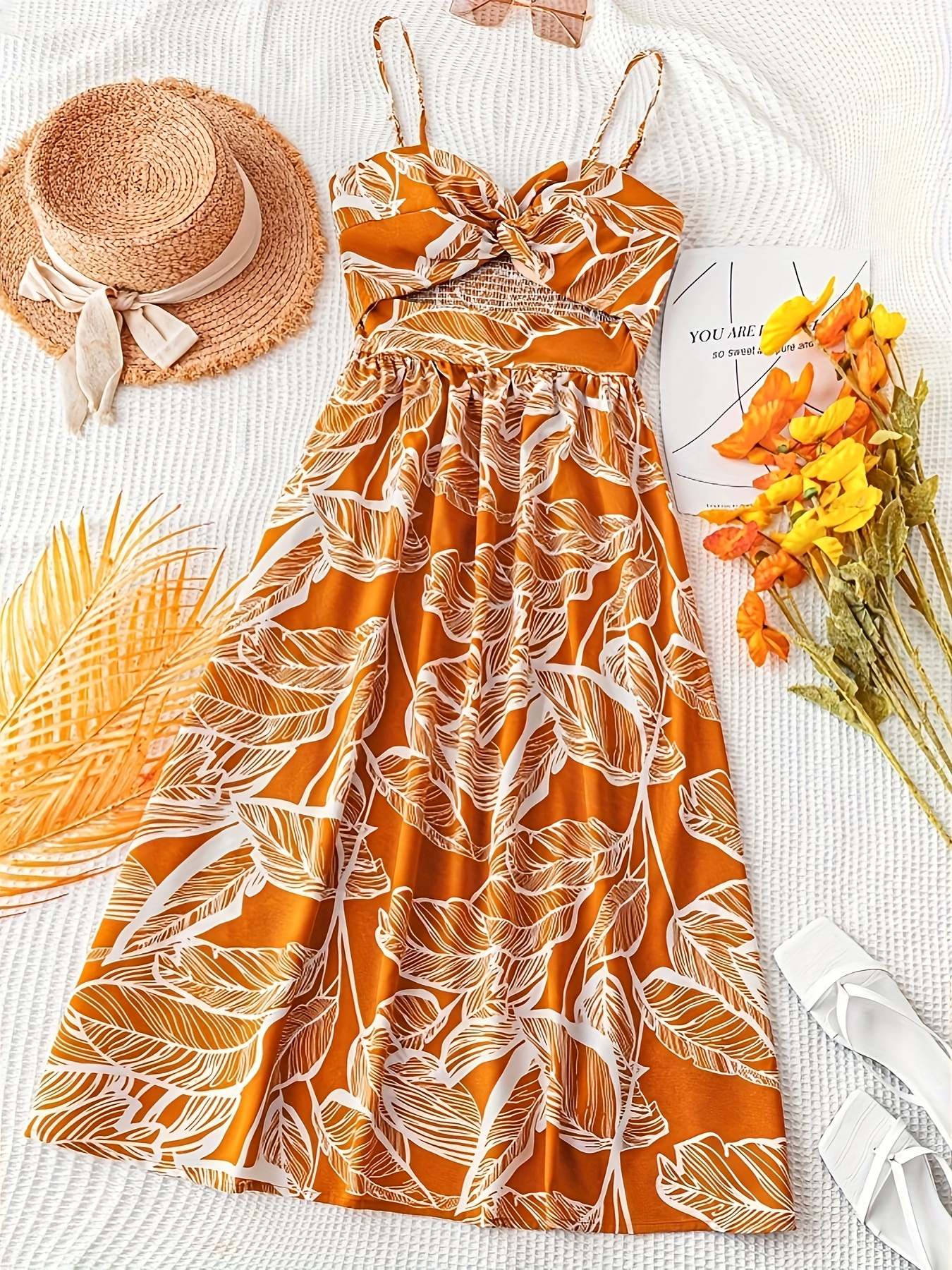 womens resort beach dress tropical leaf print mustard - Temu Bahrain