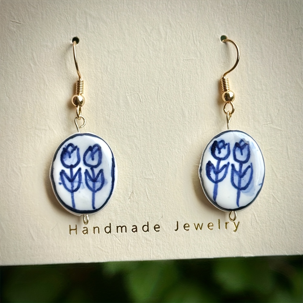 Ceramic Tulip Pattern Earrings, Handmade Elegance