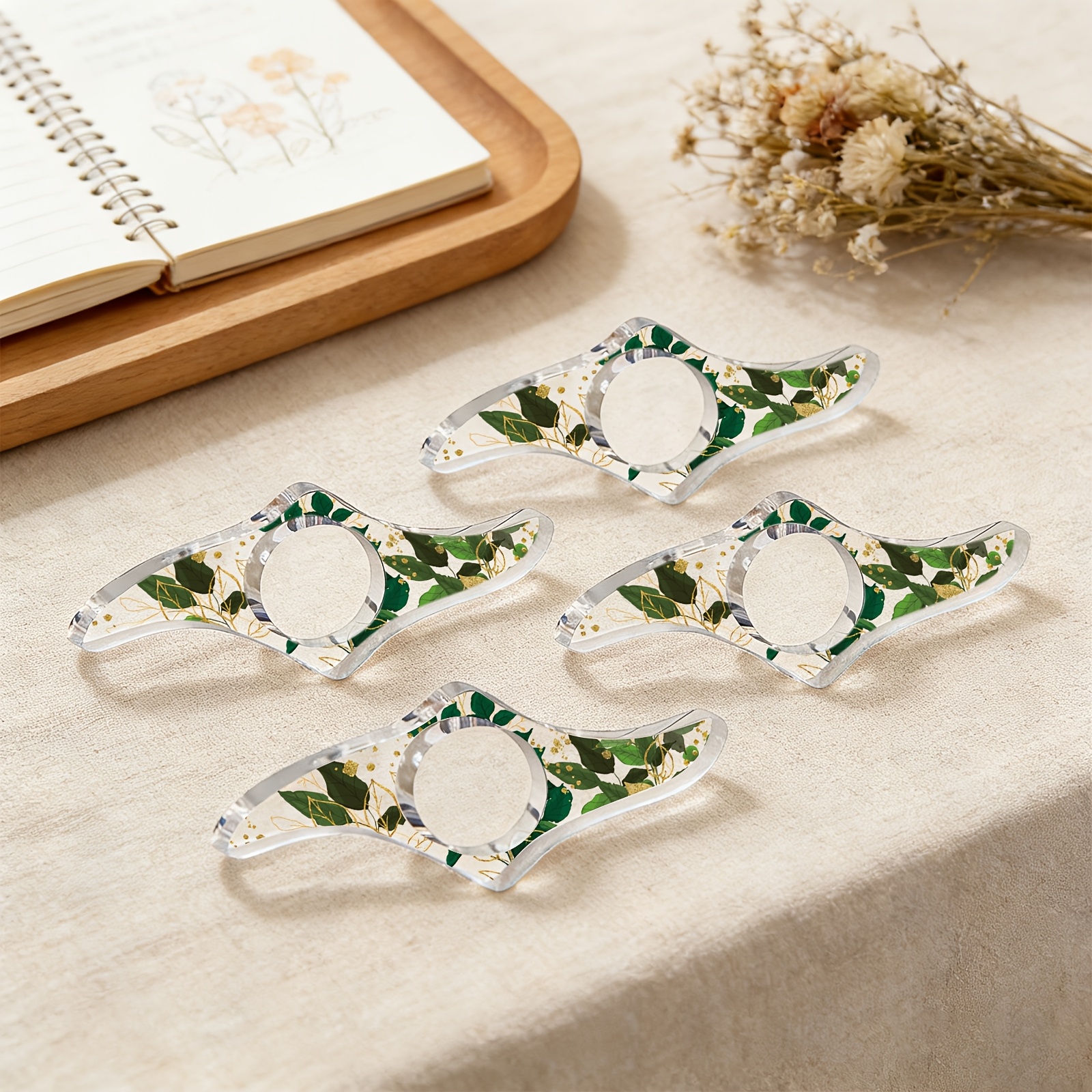 TEMU 4-pack Eucalyptus Leaf Golden Striped Acrylic Bookmarks, Thumb Ring Bookmarks, Reading Additions Gift Thumb Page Clip, Reading Additions Gift,