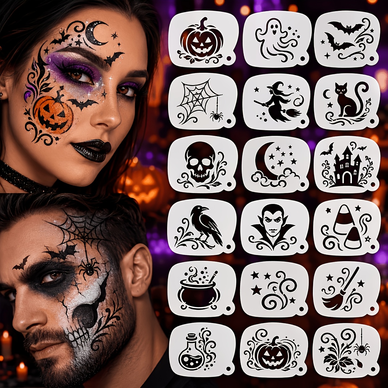 TEMU 18pcs Halloween Face Painting Stencil Set In Milky Flexible Pet Material, Versatile Painting Stencils That Reused For Halloween/pumpkin/ Makeup,