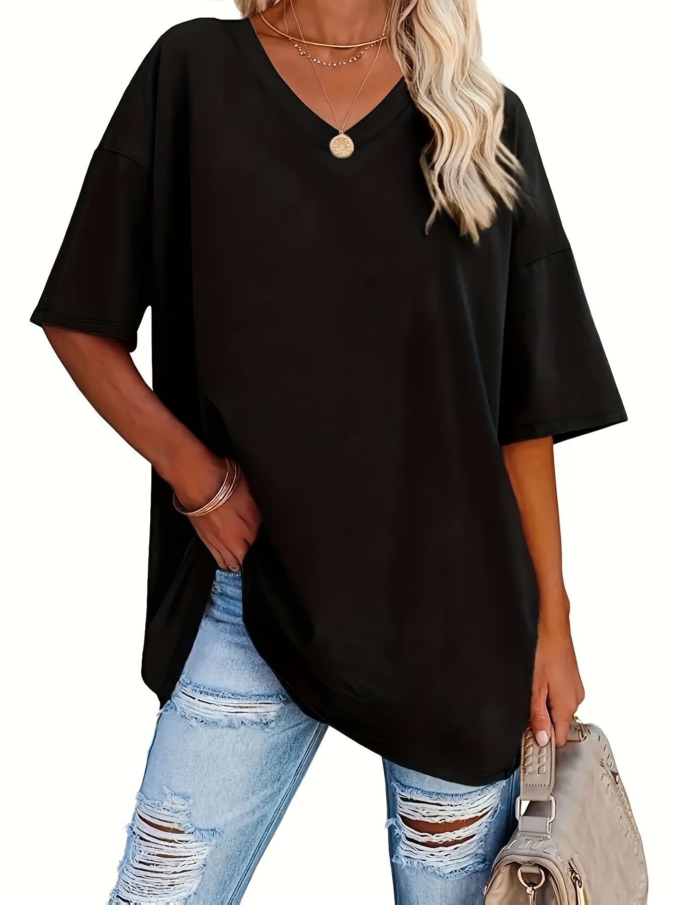 Ensemble de 3 T-Shirts Décontractés pour Femmes à Col en V, Tissu en Maille 95% Polyester 5% Élasthanne, Couleur Unie, Élasticité Moyenne, Coupe Ample à Manches Courtes pour le Printemps/Automne
