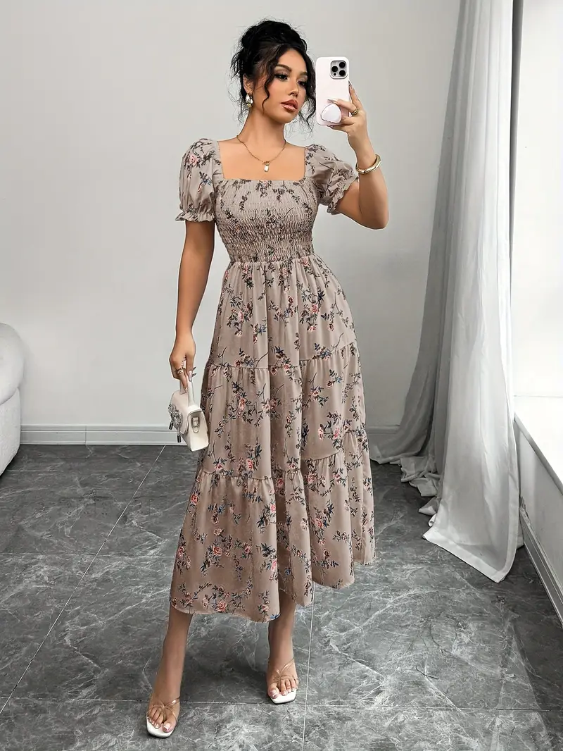 short sleeve smock midi dress WOMEN'S SHORT SLEEVE SELF TIE SMOCK FLORAL MIDI DRESS