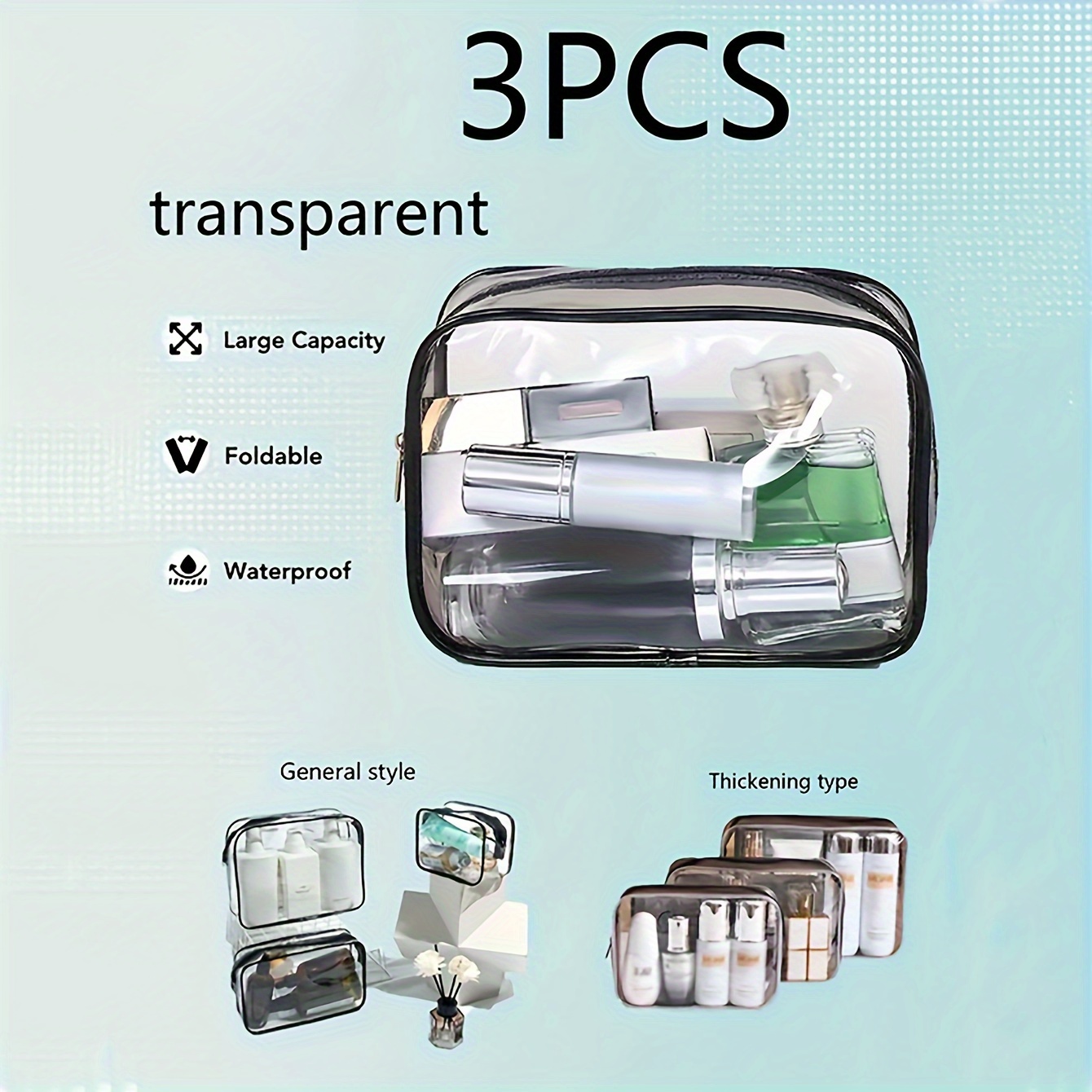 

1/3pcs Transparent Cosmetic Bag, Multifunctional Portable Travel Wash Bag, Large Capacity Waterproof Skin Care Products Storage Bag