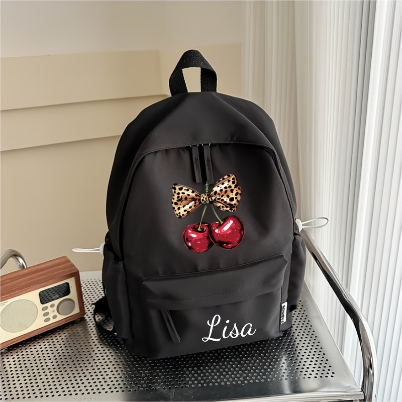 TEMU 1pc Personalized Back-to-school Customizable Name Or Women's Backpack, With Cute All-match Leopard Cherry Bow Print Design, Multi-black, Large