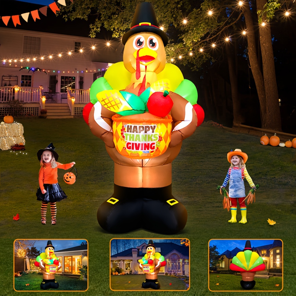 

8ft Thanksgiving Inflatables Outdoor Decorations, Pilgrim Hat Turkey Holding Vegetable Basket, Led Lights Blow Up Turkey Yard For Holiday Outdoor, Autumn Farmer Party, Garden, Fall Harvest Décor