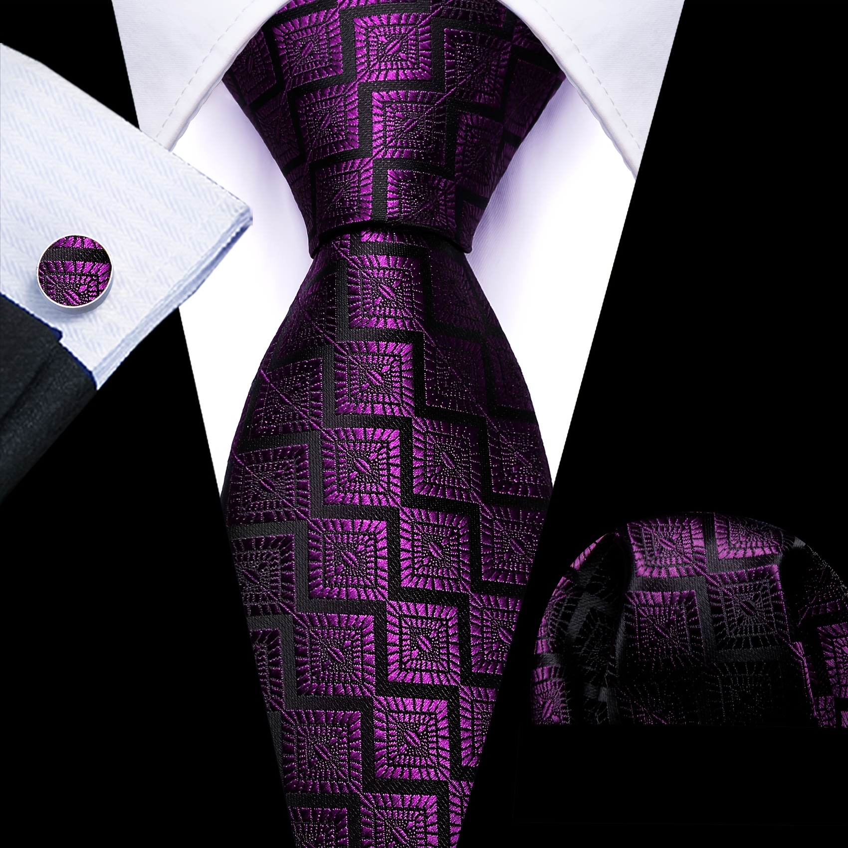 Image of Mens Classic Fashion Tie Purple Geometric Ties And Handkerchief Square Set Business Event Wedding Party Essential For Festivals