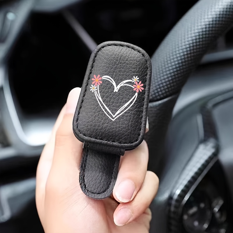TEMU Floral Heart Pattern Clip, Car Sun Visor Magnetic Pu Leather Holder, Car Interior Sun Visor Accessory, Suitable For Holding Bank Cards, Credit