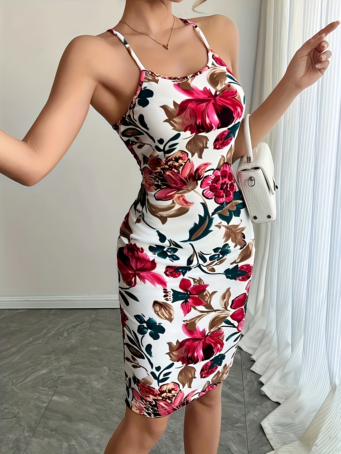 slim fit dress slacks European women's halter neck slim stitching exposed backpack bodycon dress