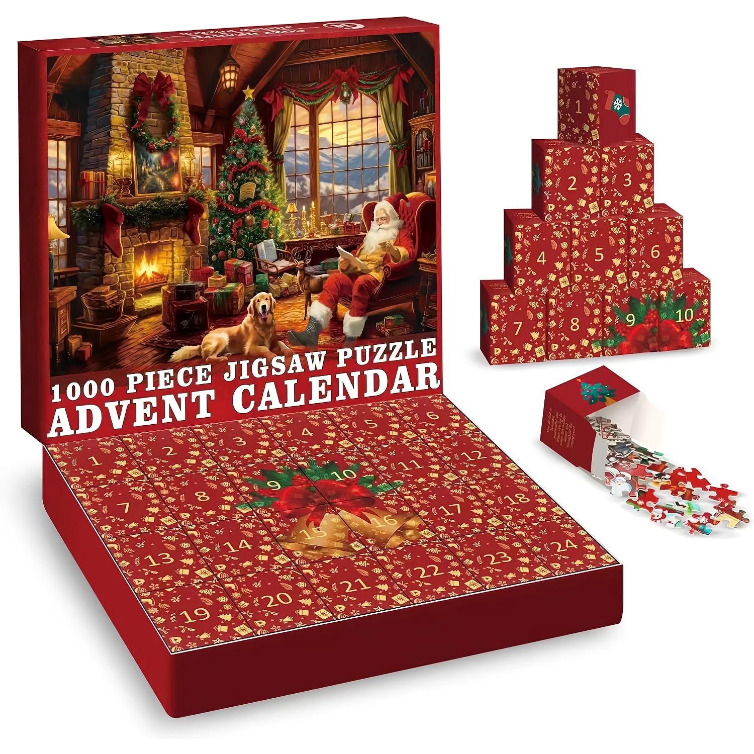 1000pcs Christmas Advent Calendar Puzzle - Festive Santa & Dog Scene, 24-Day Countdown, High-Quality Paper, No Power Needed, Ideal for Holiday Decor & Party Gifts, Christmas Decorations