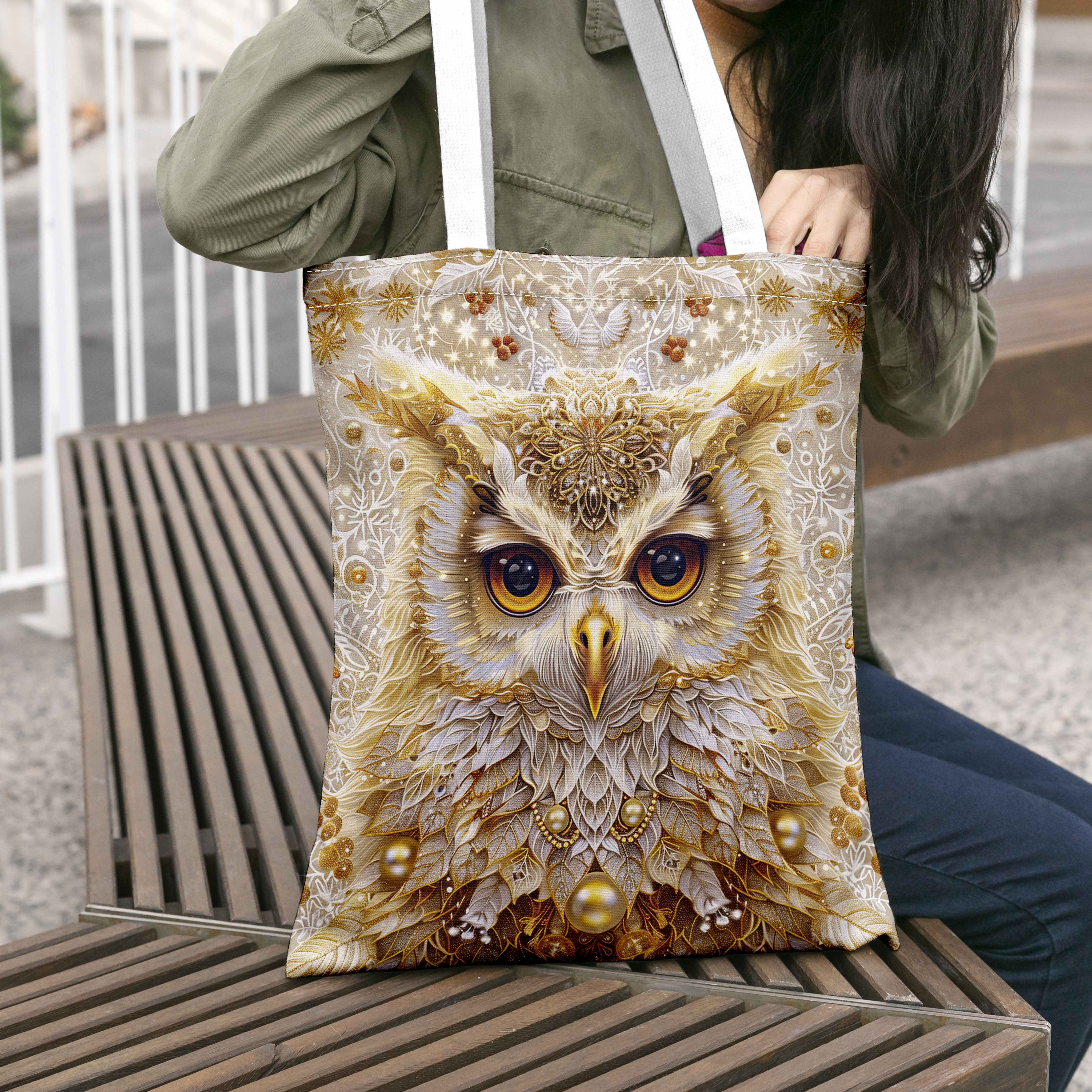 Owl Pattern Christmas Style Tote Bag, Large Capacity Shopping Bag, Portable Casual Handbag, Use & Christmas