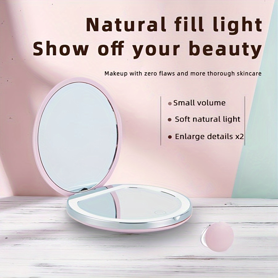 

1pc 2x Magnification 3.15 Inches, 3- Dimmable Portable Mini Double-sided Folding Illuminated Makeup Mirror For Purse And Travel