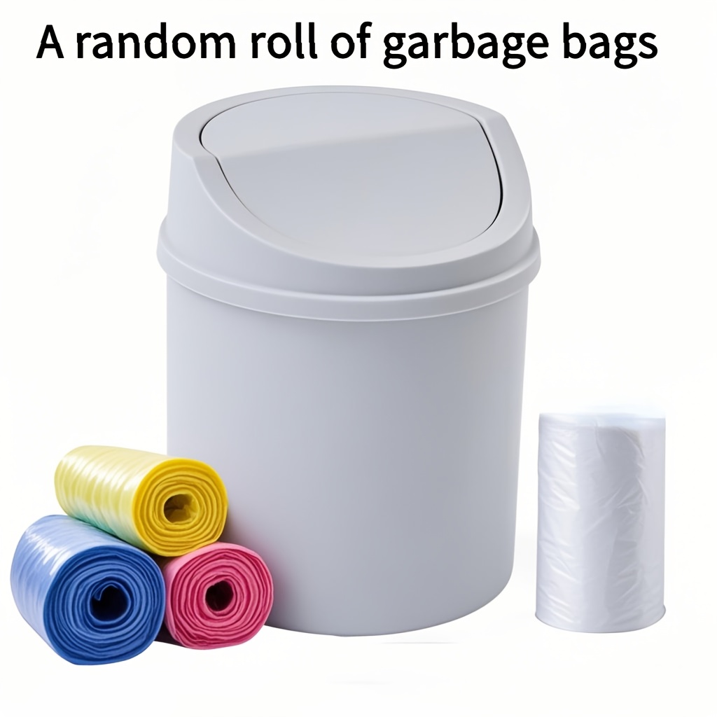 Un set que incluye un mini cubo de basura de escritorio con tapa y un rollo de 30 bolsas de basura pequeñas, con un cubo de basura giratorio de plástico, ideal para el hogar, la oficina y la cocina.