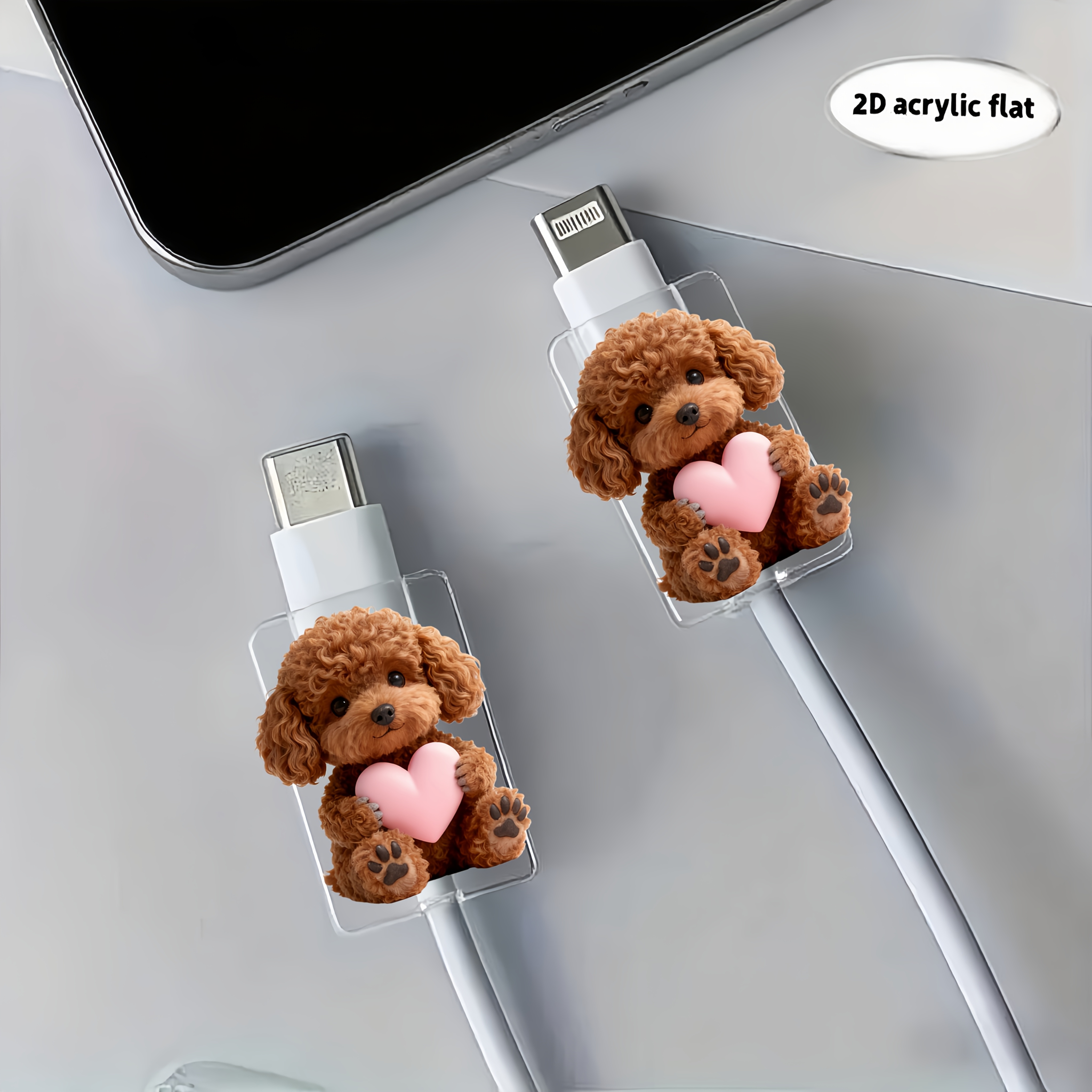 TEMU Lot de 2 protège-câbles 2D plats à motif de chien Teddy tenant un cœur rose, -, pour câble de données Type-C/téléphone, et durable, 2D plat
