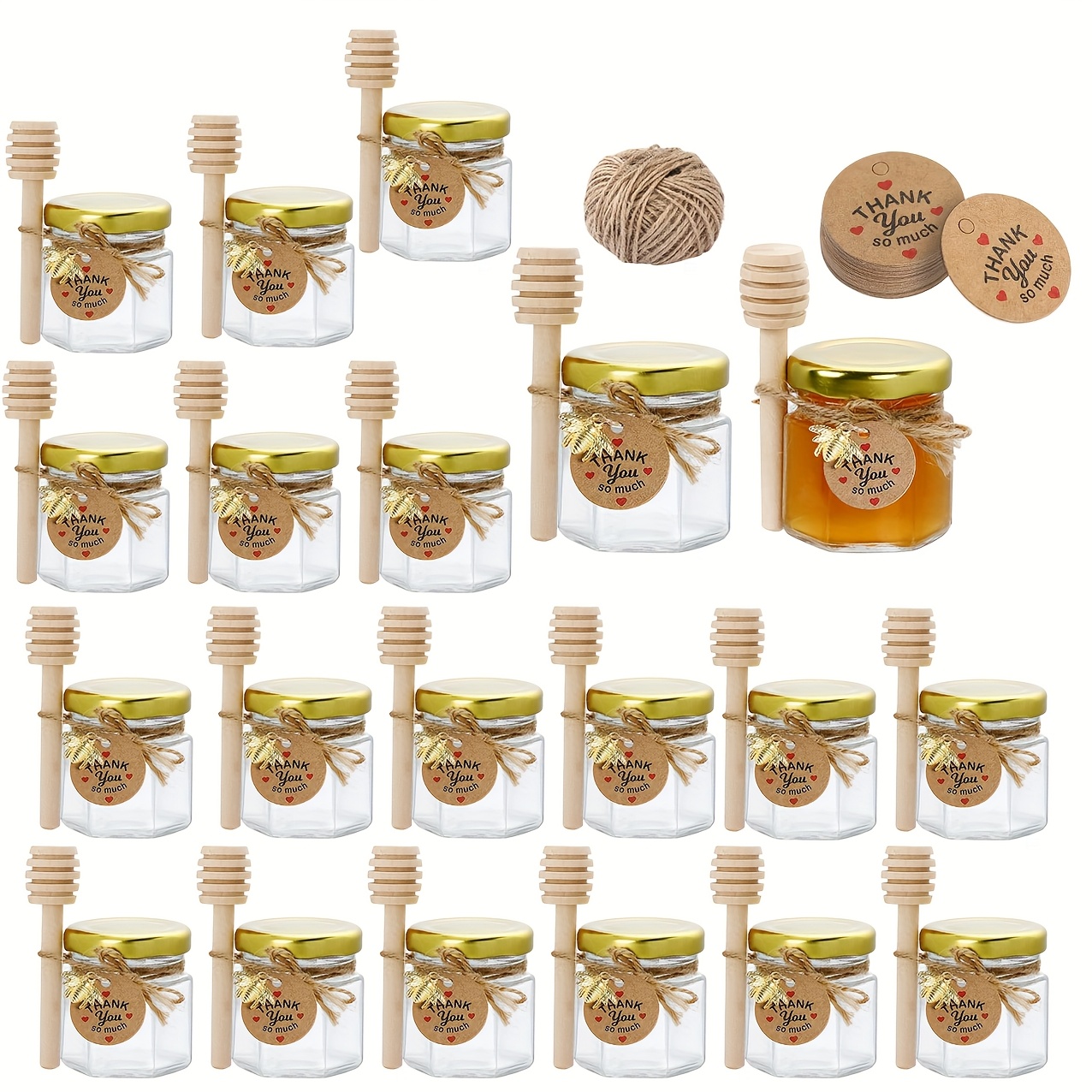 

Mini Hexagonal Glass Honey Jars In 1.5 Ounces, In Sets Of 20, 30, 50, Or 60, Come With A Spoon, Bee , And Thank You Card - Jars With Golden , Baby Gifts, Weddings, And Parties.