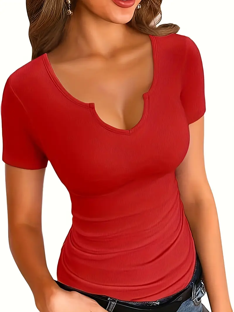 Women's Basic V-Neck T-Shirt - Wide Band Neckline, Short Sleeve, Bright Red, Size 3X