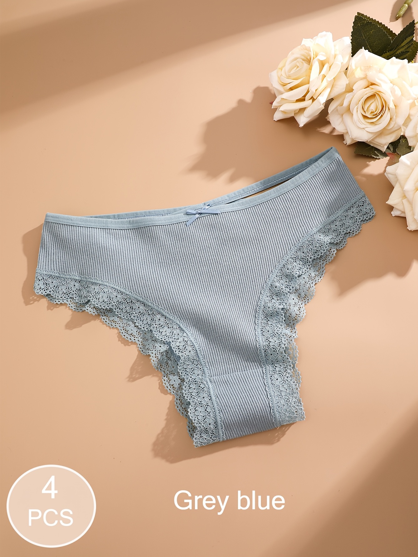 4pcs Women'S Lingerie Briefs with Lace Trim - Sexy Ribbed Design, Solid Colors (White, Pink, Gray, Black), Soft & Comfortable Underwear for Casual Attire, Lingerie Sets, Comfortable Underwear, Elegant Underwear, Soft Fabric Underwear