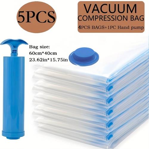 5-teiliges set extra große vakuum-vesperbeutel (40x60cm mit 1 handpumpe) – platzsparend, versiegelte kompression, - feuchtigkeitsdicht, für kleidung bettwäsche, ideal für wohnheime, kleiderschränke