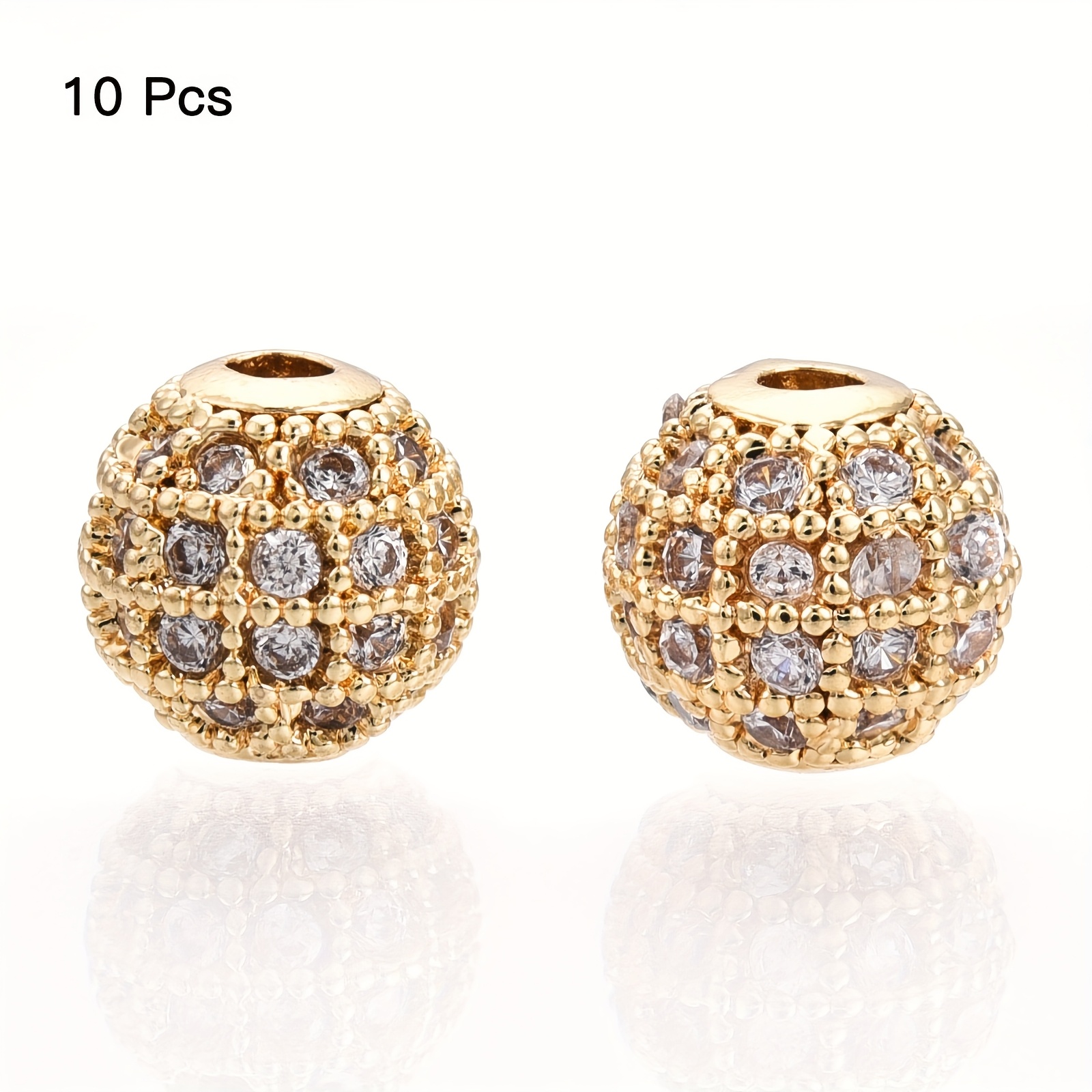 E-shop 10 Stück 8 mm Gelbguss Runde Perlen mit Eingelassenem Synthetischem Zirkon für Schmuckherstellung, Geeignet für Armbänder und Halsketten
