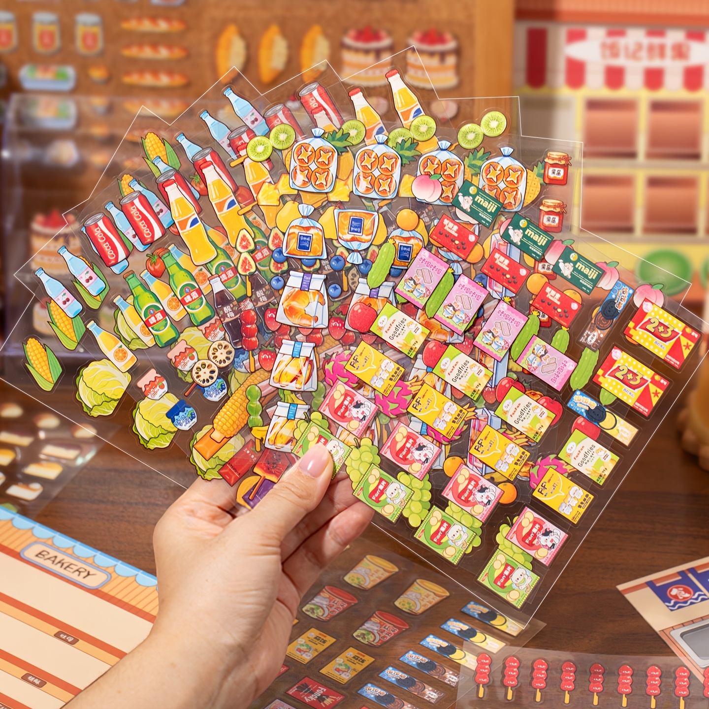 E-shop 48 einfache Aufbewahrungs-Stickerbögen, Lebensmittel-Supermarktregal-Hintergrundmotive, PET-Material, DIY-Planer-Dekoration,