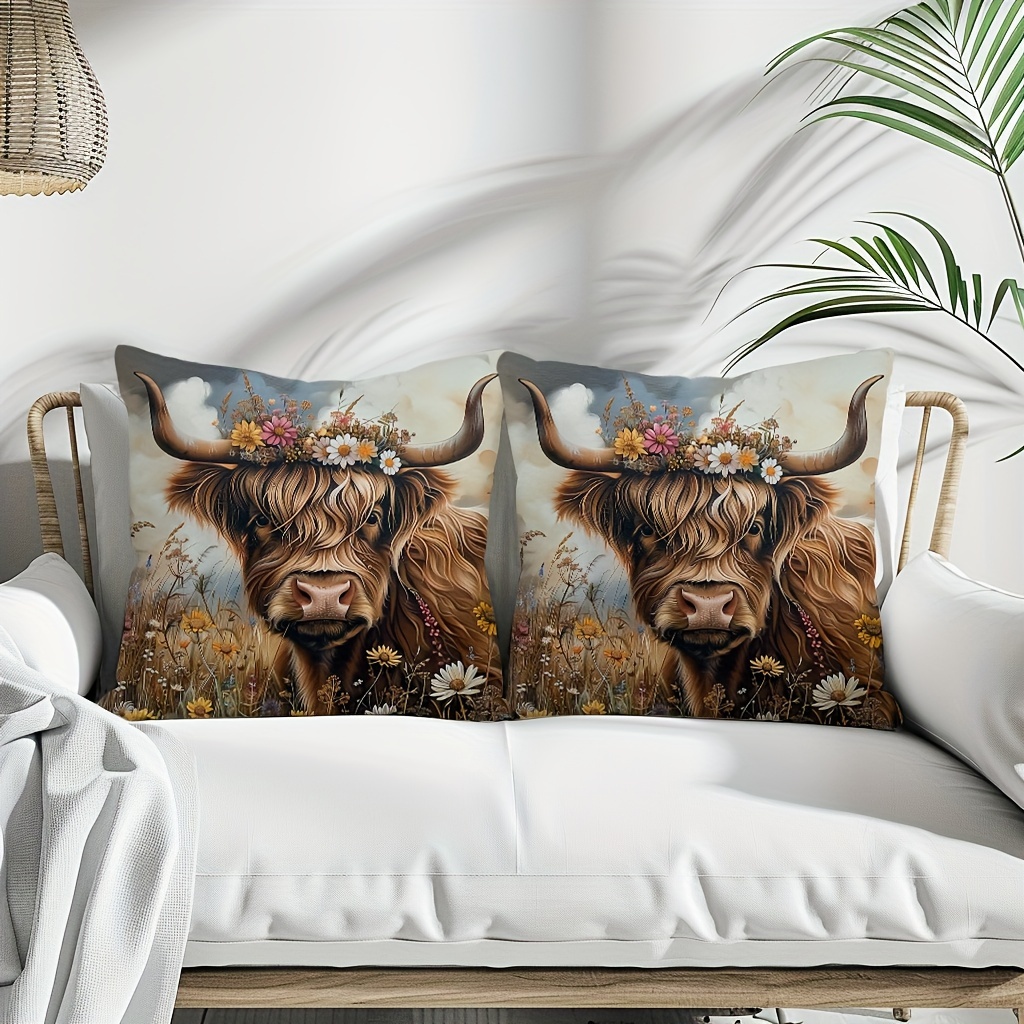 rustic highland cow throw pillow covers polyester Temu Bahrain