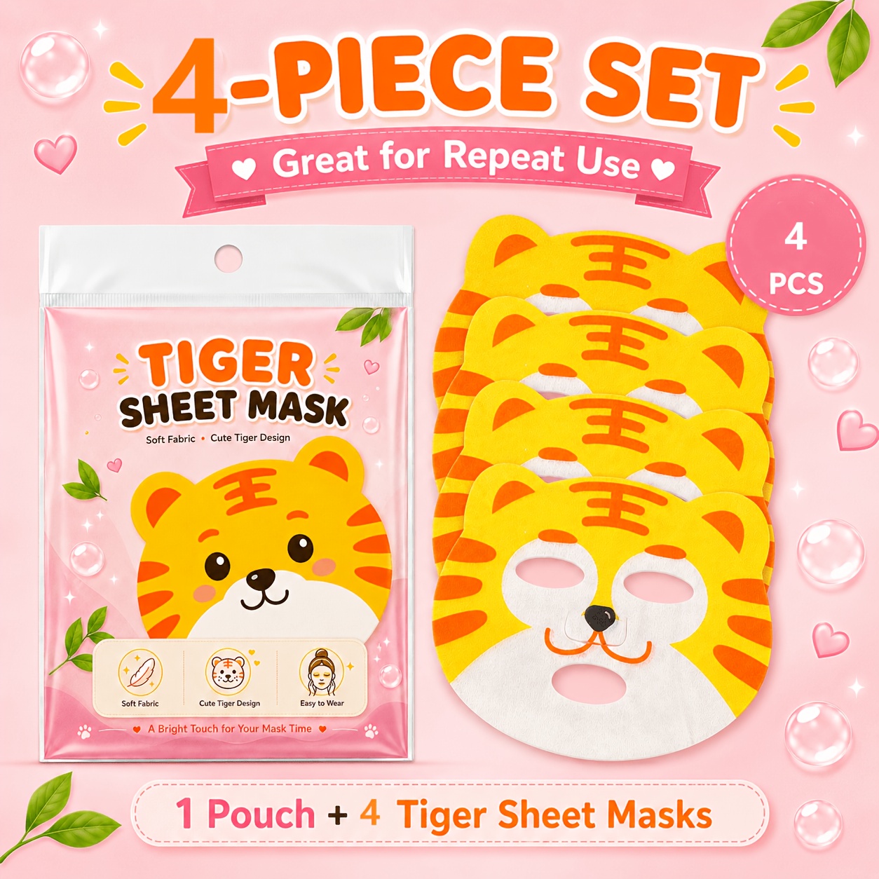 TEMU 4 pezzi Fogli per maschera con stampa di tigre, adatti a tutti i tipi di pelle, maschere facciali secche con stampa di tigre e fogli compressi