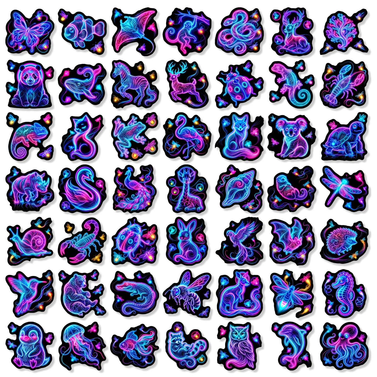Image of 50pcs Neon Glowing Animal Stickers, Glowing Creatures Aesthetic Stickers Pack, Perfect For Decorating Laptop, Water Bottle, Phone, , Journal, Bumper, Skateboard, Motorcycle, Luggage, Etc