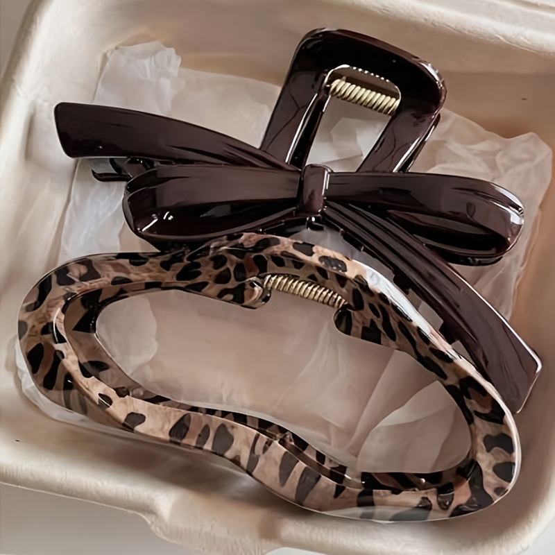 TEMU 2pcs Women's Wavy, Bone-shaped, Bow-shaped, Oval Large Size 11.4cm/4.49in Brown Pattern Lightweight Plastic Hair Clips, Fashionable Versatile