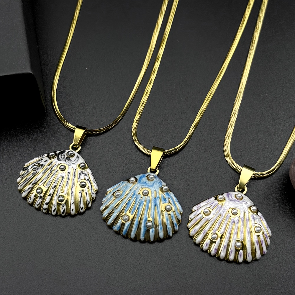 Stainless Steel Enamel Conch Charms Shell Pendant Necklace
