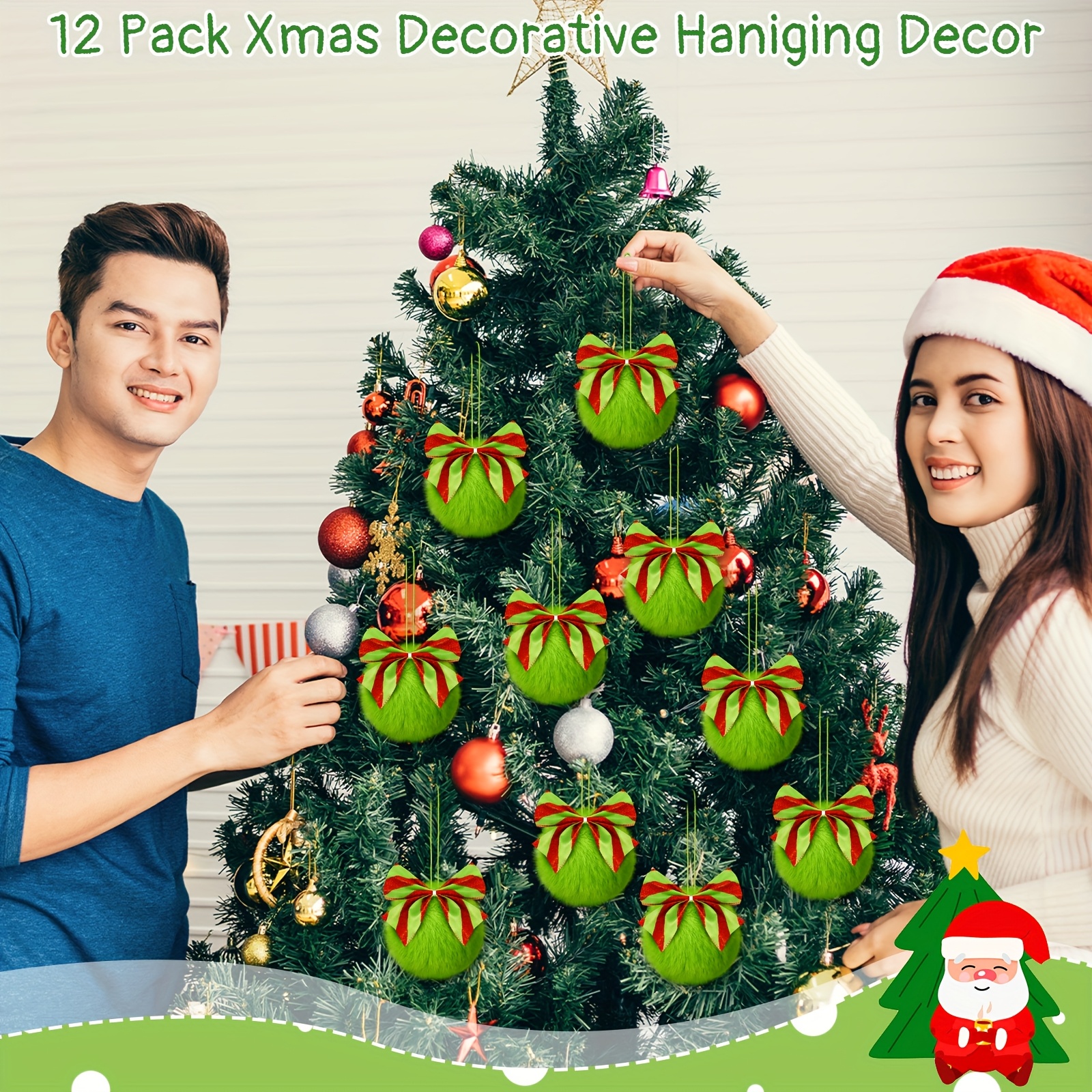 TEMU 12pcs Lime Green Furry Christmas Ball Ornaments Xmas Green Furry Ornaments Christmas Ball Hanging Decorations Tree Decorations For Tree Party