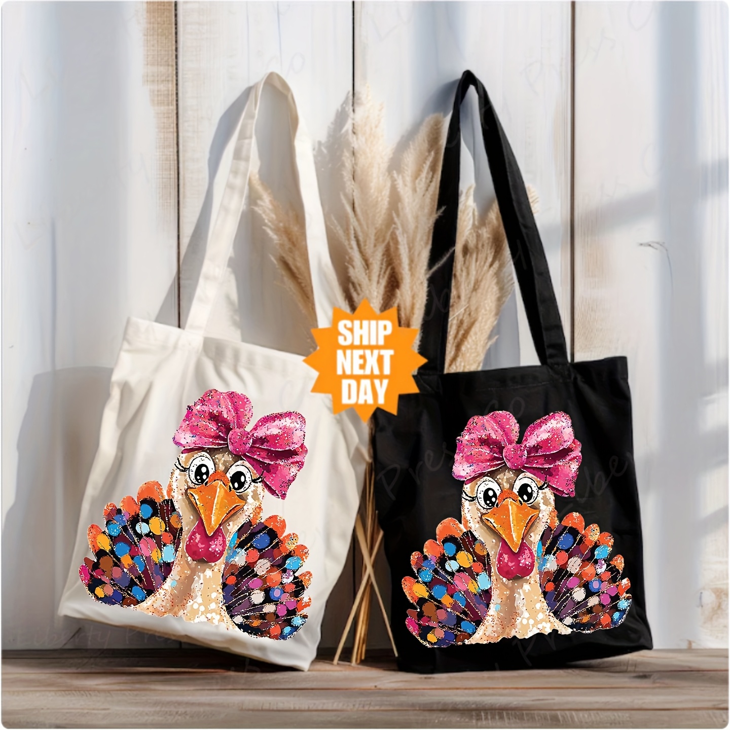 TEMU "iridescent Glitter Turkey" Heat Transfer Stickers - Featuring A Cute And Shiny With A Bow. Dtf Transfer, Ideal For T-shirts/bags. Washable And