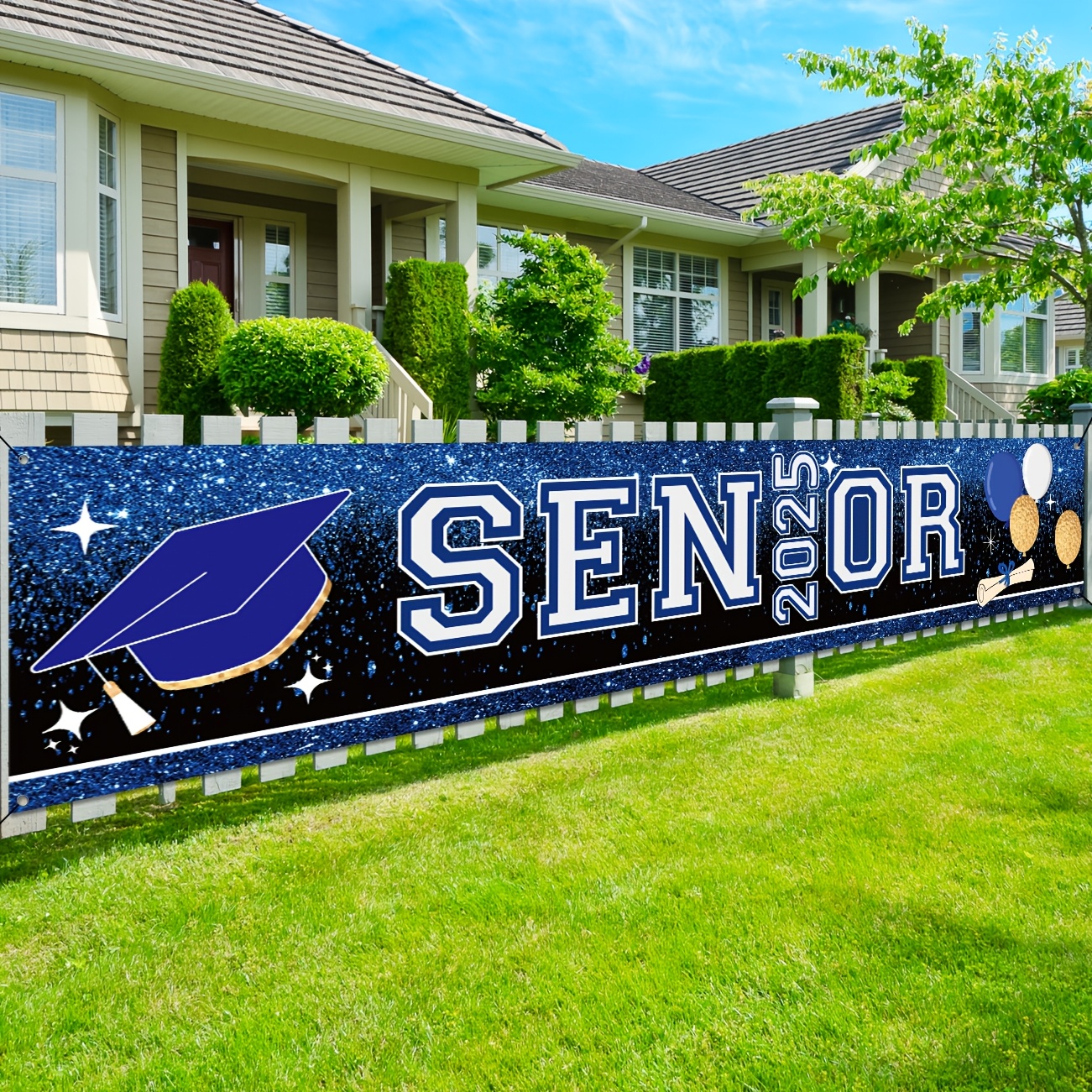 

1pc Senior 2025 Graduation Banner - Large Vinyl Yard Sign For Graduation Party, Blue And White Outdoor Lawn And Garden Decor, Graduation Season Celebration Accessory