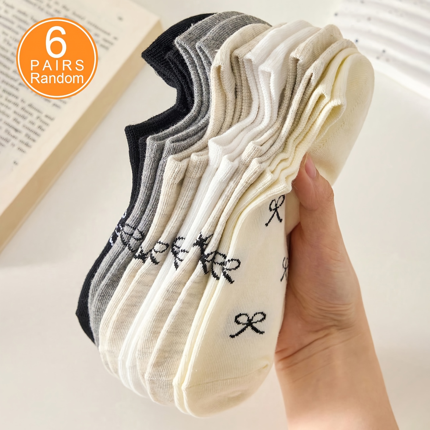 E-shop 6 Paar Zufällige Damen Schleifen Niedrige Atmungsaktive Frühlings-/Sommer Dünne Bootsocken, Vielseitig Niedliches Modisches Einfaches Design,