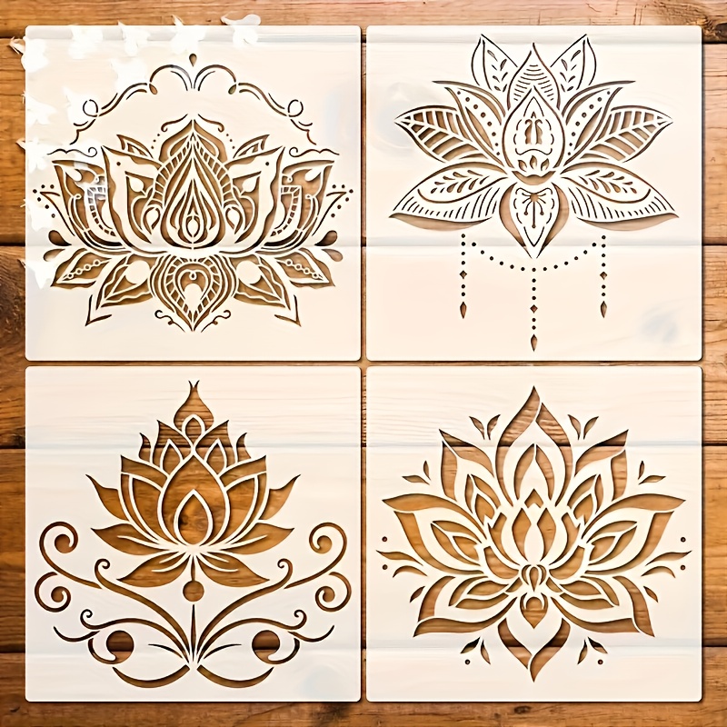 E-shop 4 Stück Große Lotus-Schablonen - Wiederverwendbare Mandala-Vorlagen mit kunstvollen Blumenmotiven, 7,91 Zoll x 7,91 Zoll, Magnetische