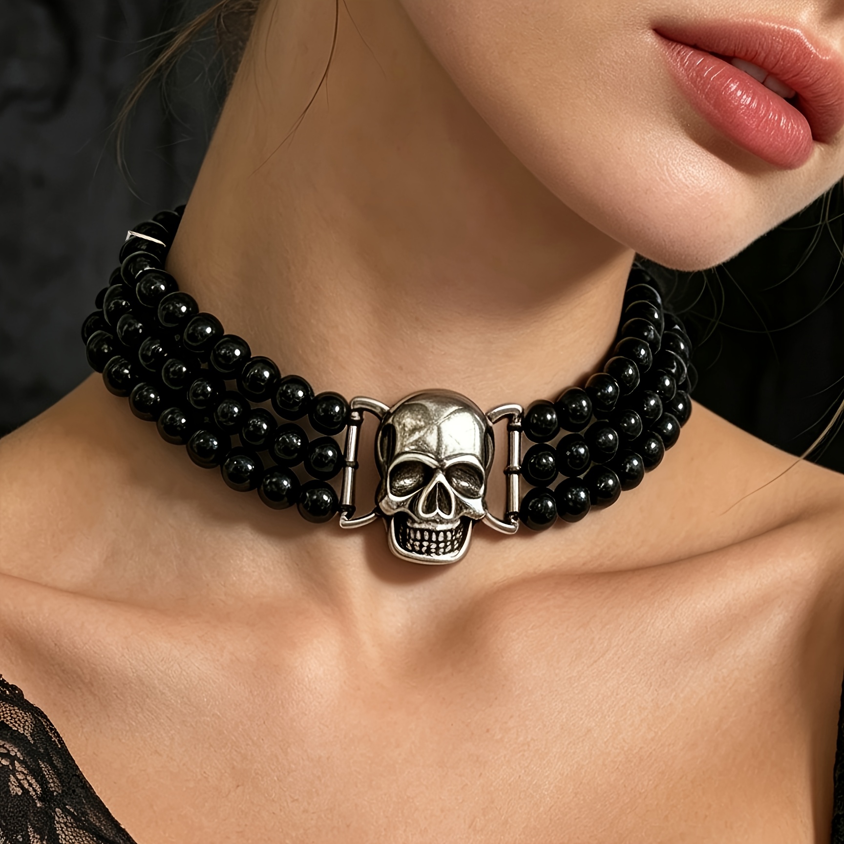 TEMU 1pc Women's Fashion Neck Chain, 3-layer Round Bead Beading 3d Skull Head Wide Short Neck Circle Neck Chain Necklace, Gothic Punk Dark Style