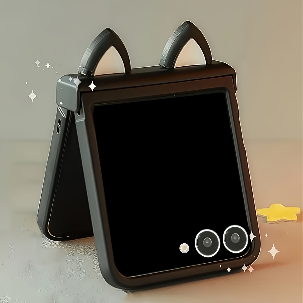 TEMU Étui Téléphone : Coque Noire 3D Oreilles de Chat pour for Samsung for Z Flip 6 5 Z Flip4 3 5G, Antichoc, Coque Protectrice pour Charnière