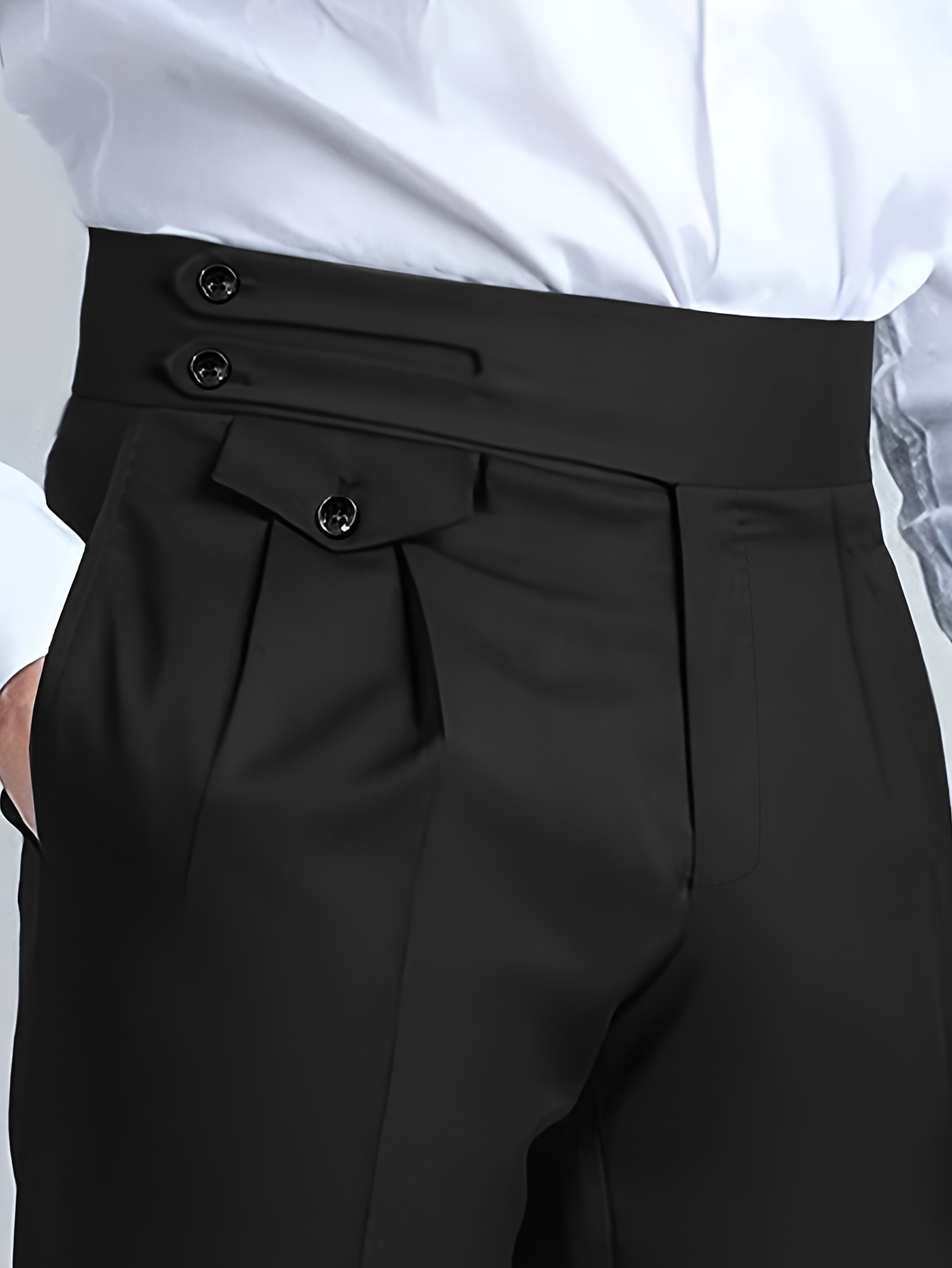 Color: Black Naples Solid Color Trousers Men’s Style Business Casual Design Pleated Comfort Pants Suitable for Outdoor Leisure and Daily Wear