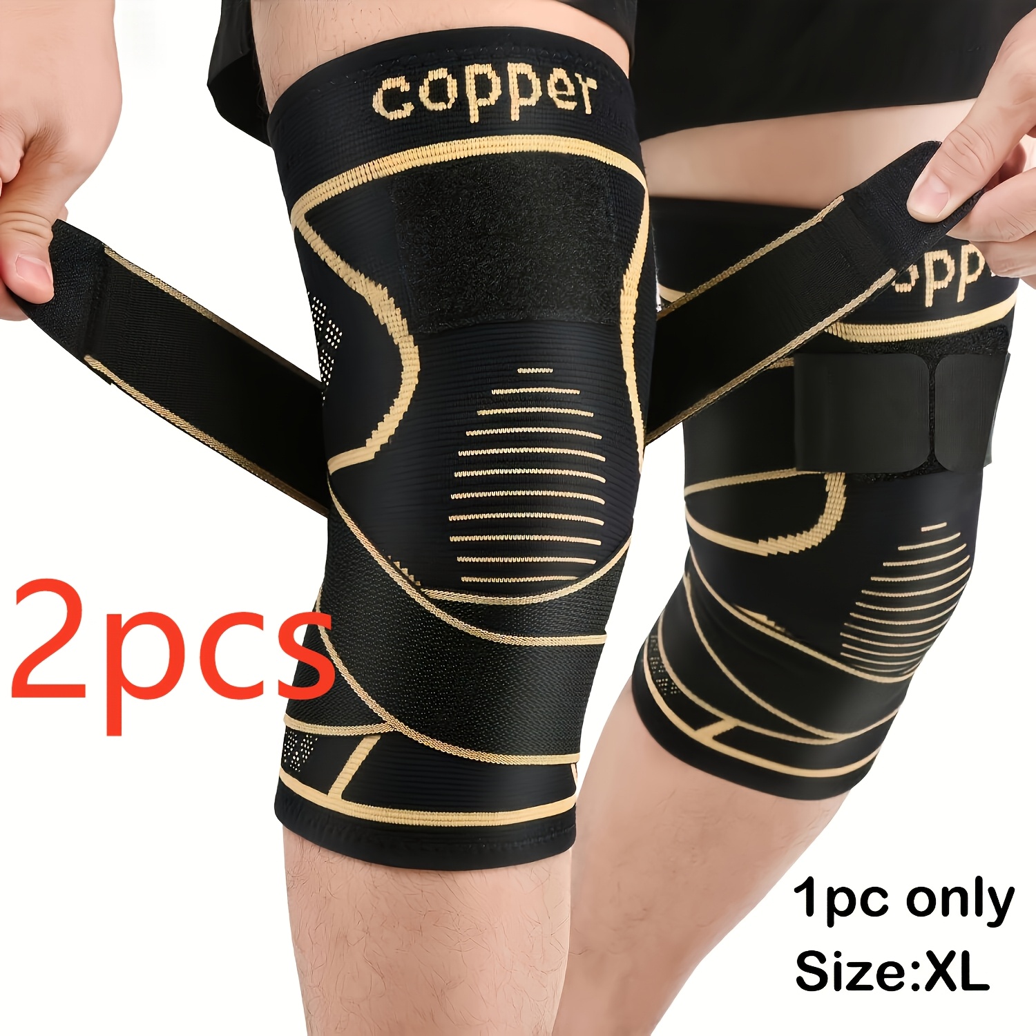 E-shop 2 Kupfer-Knieschoner mit Riemen – Schwarze Kompressionsmanschette für Stabilität, Nylonmischung, modernes Design, Riemenverschluss, bequem