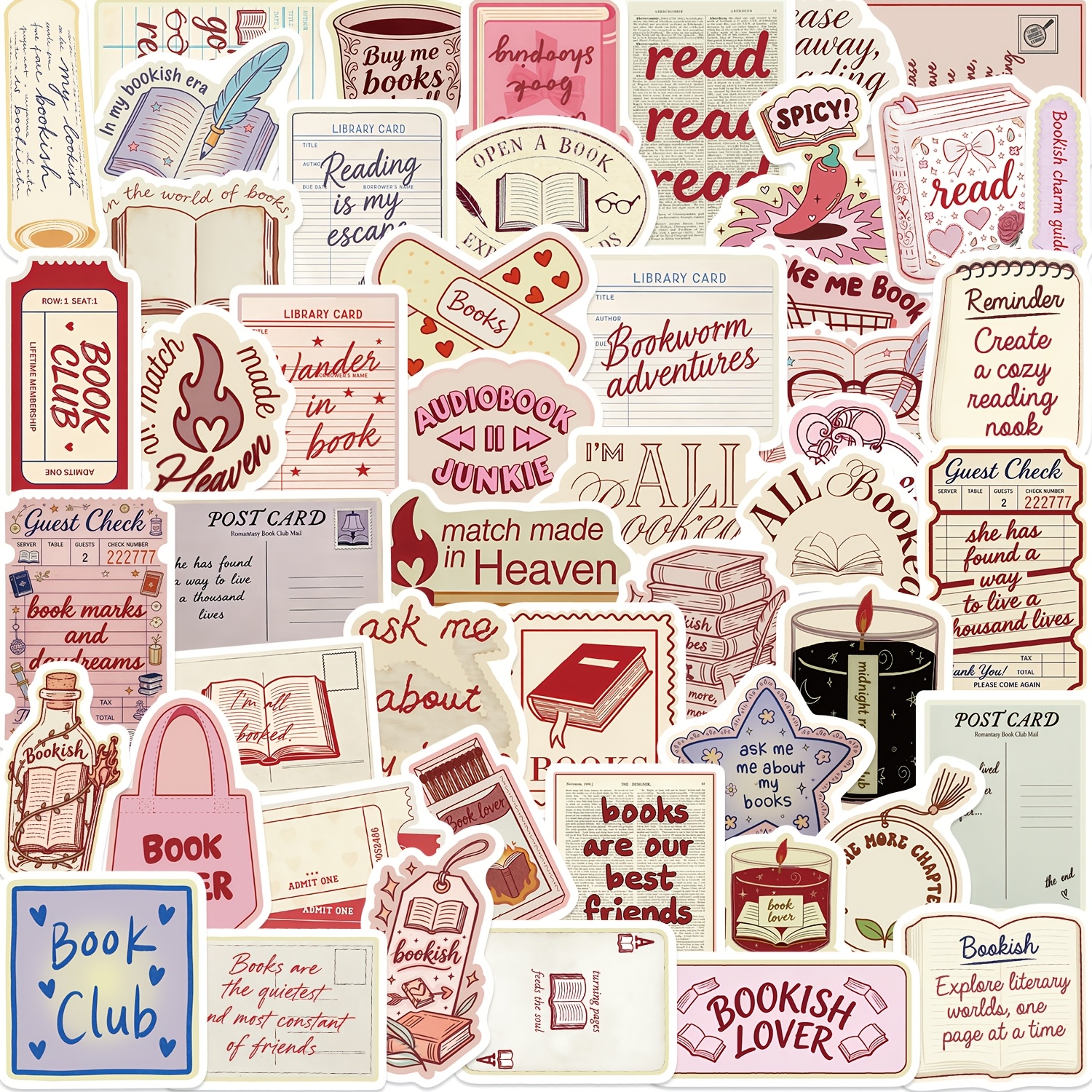 TEMU 50pcs Pink Bookish Reading Stickers For Notebook Case Water Cup Diary Graffiti Decals Reading Series Luggage Speakers Skateboarding Labels Decal