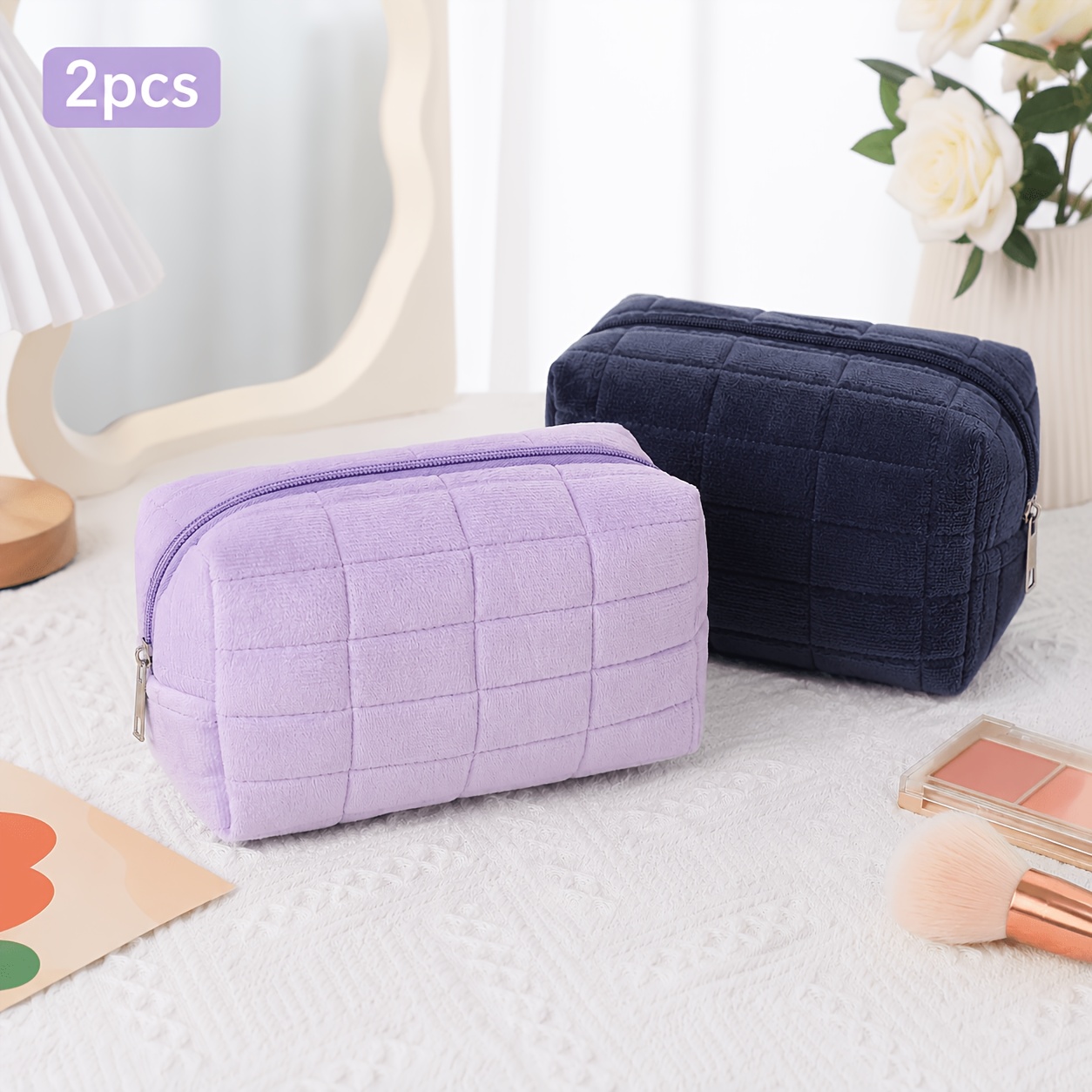 TEMU 2-pack Soft Checkered Makeup Bags, Large Capacity Portable Cosmetic Storage Bags, Multifunctional Travel Skincare And Toiletry Bags, Cute Zipper