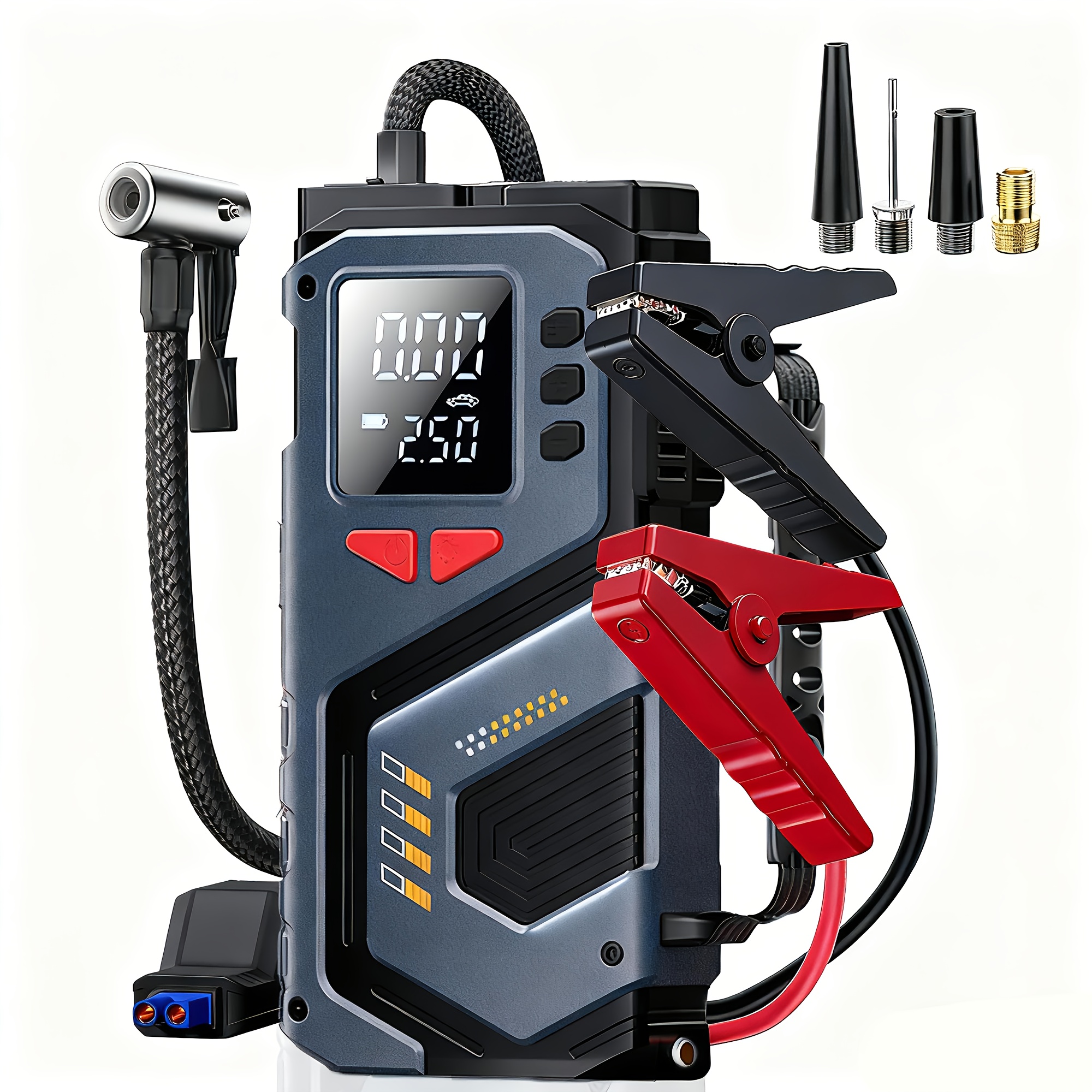 imagen del artículo compresor de aire con función de   de emergencia para coche, inflador de neumáticos digital portátil de 150 psi, compresor de aire para neumáticos de 12 v   para motores de   de 5.0 l/diésel de 3.0 l, con   de   de batería de litio de 12 v supersegura para coche, pinza