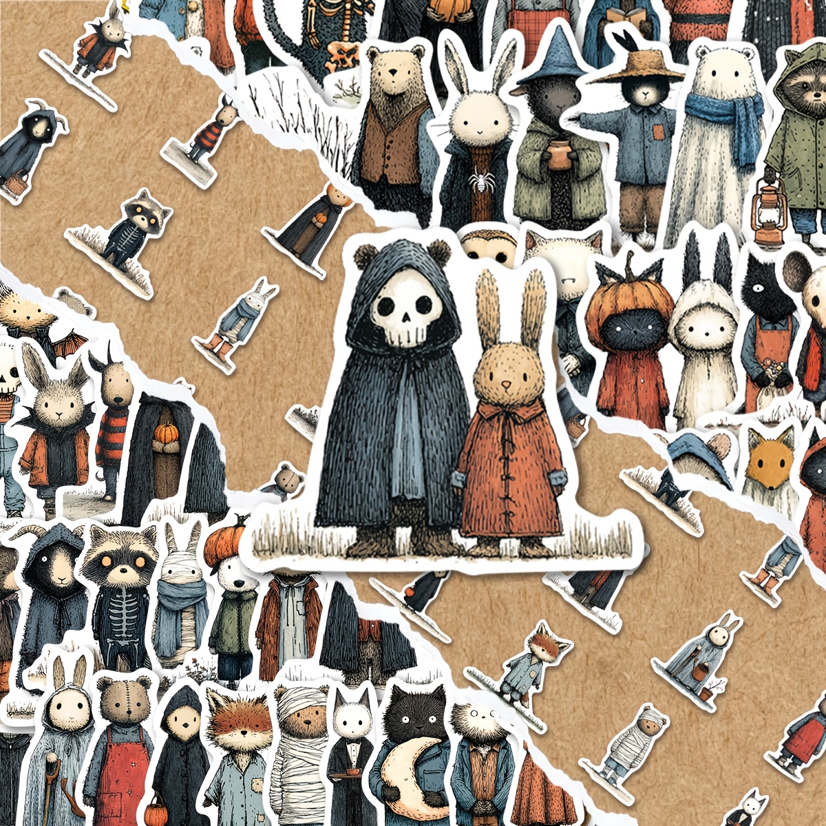 TEMU 50pcs Vintage Sketch Woodland Creature Vinyl Stickers | Mysterious Hooded Animal Figure Graphic Decals | For Skateboard, Tablet, Travel Case Diy